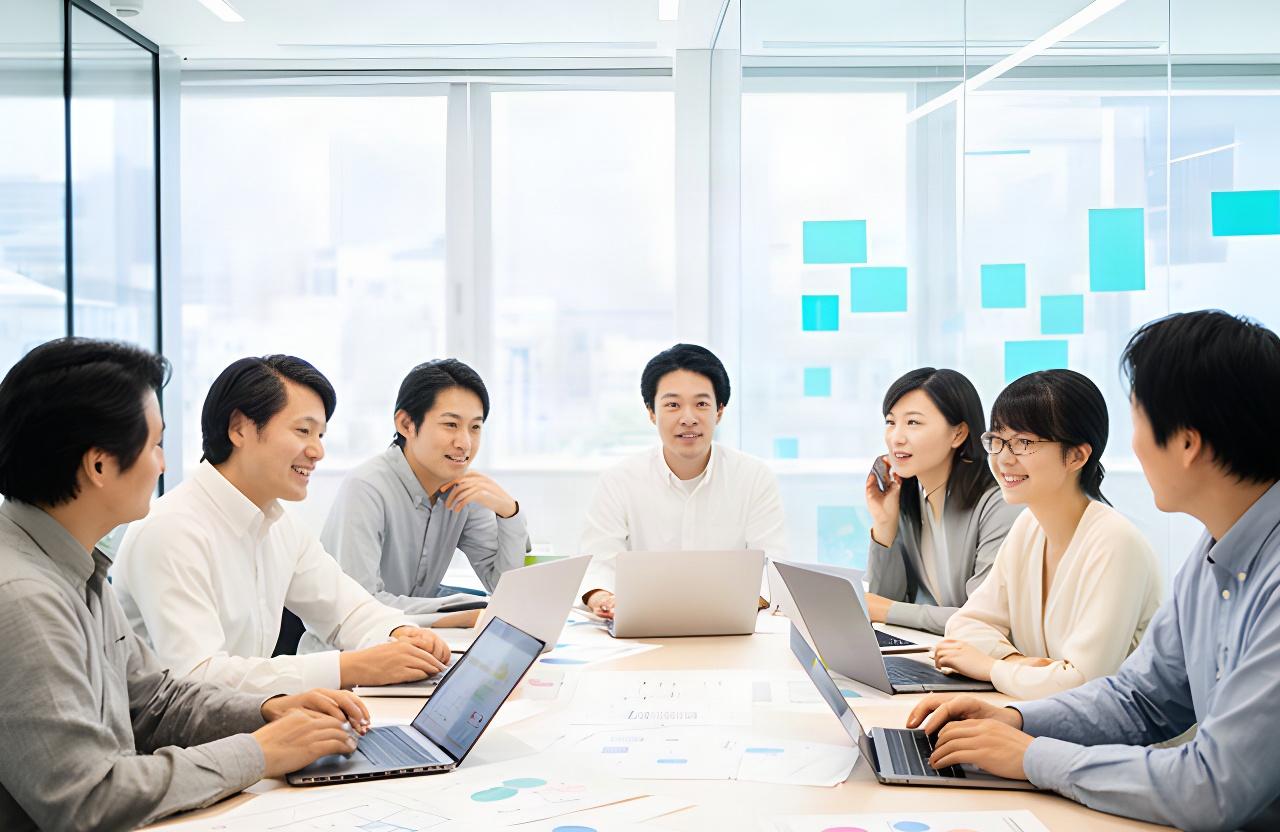 東京都江東区有明の明るい打ち合わせスペースで業務フローを確認するAI支援チーム