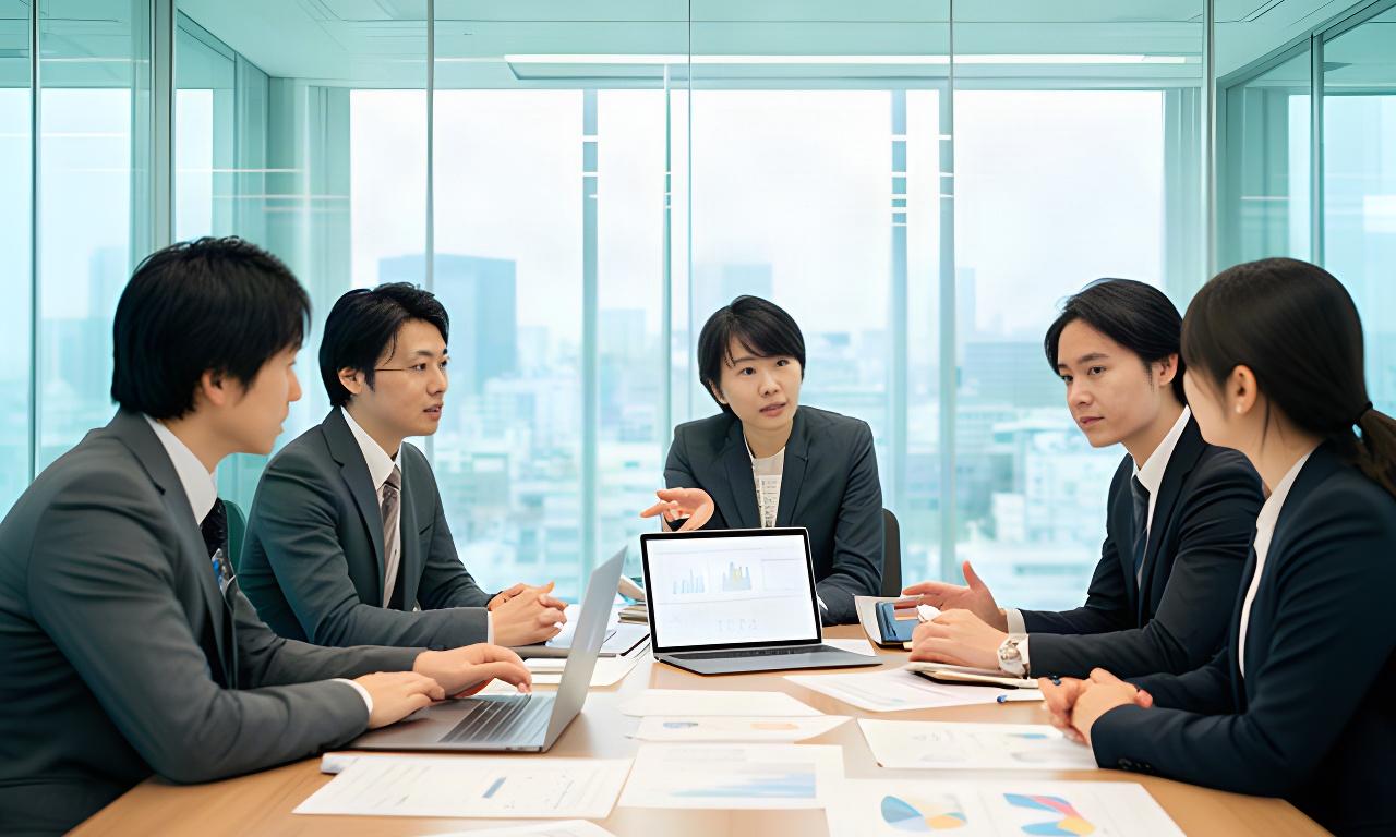 有明の会議室で担当者がCRMや問い合わせ管理の記録を見ながら業務改善の進め方を話し合う様子