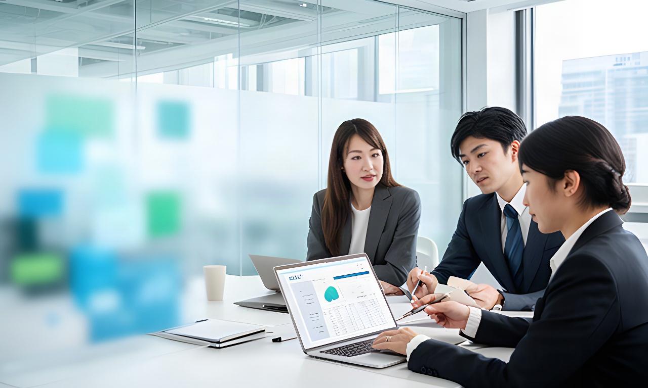 有明のオフィスで営業担当者が顧客データを確認し、チームと次の対応を相談している様子