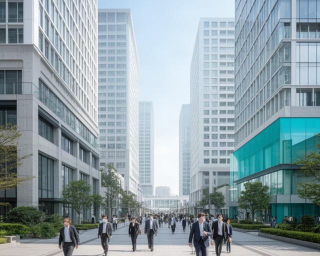 東京都江東区有明のオフィス街を歩く人々と、整然としたビル群
