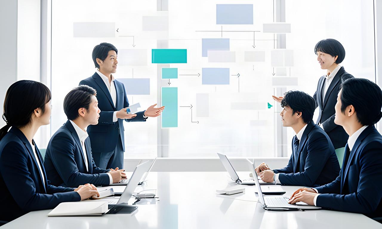 有明の明るい会議室で業務フロー図を囲み、AI活用の相談をする担当者たち