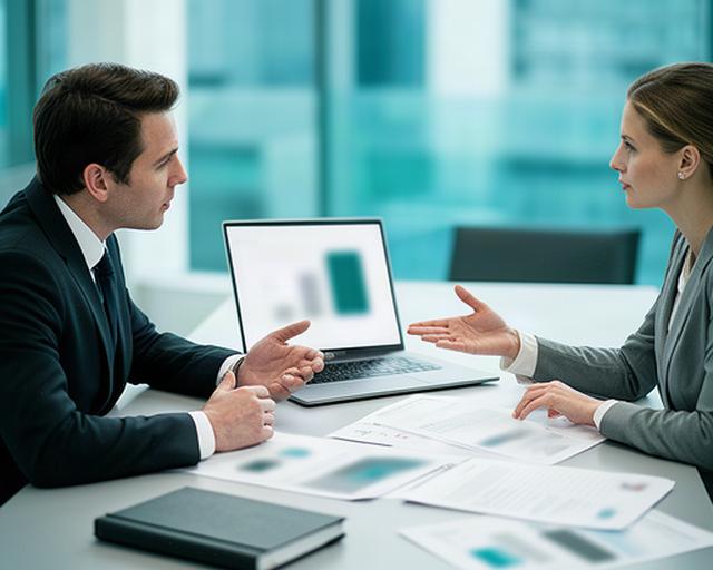 社内の業務データを確認し、取り扱いについて相談する二人の担当者