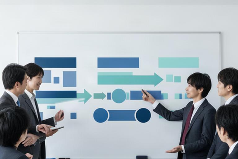 方針の確認、社内展開、運用開始へと進む導入計画をホワイトボードに整理した様子
