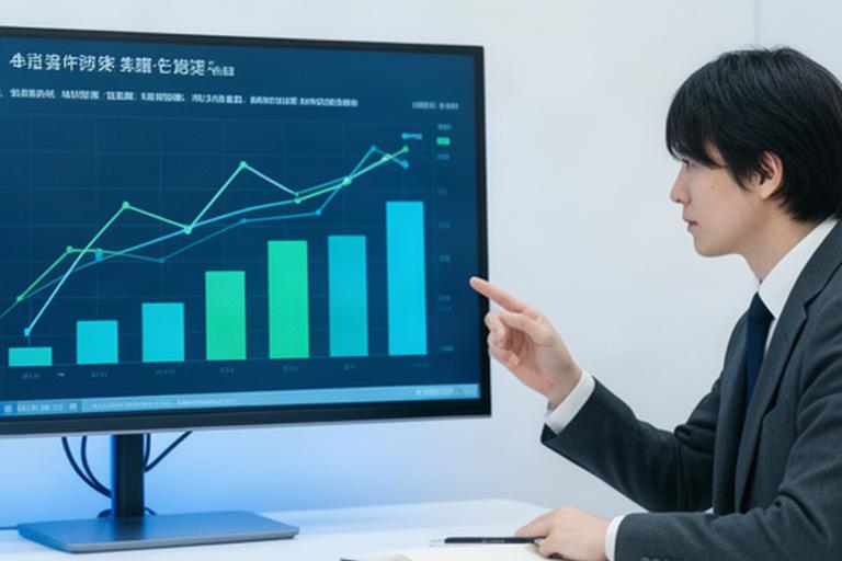 業務時間と回答品質を示すグラフを見ながら効果測定を行うオフィス担当者