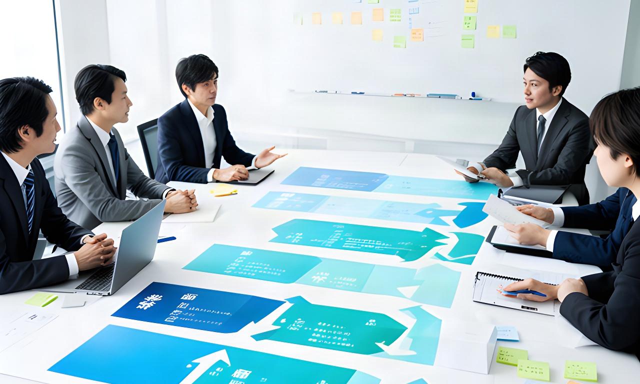 業務の棚卸しから運用開始までを段階別に整理した計画をチームで確認する様子