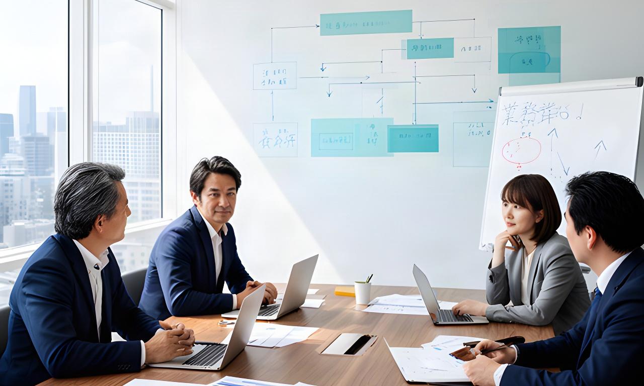 有明の会議スペースで経営者と担当者が業務フローを確認し、生成AI活用の方針を検討する様子