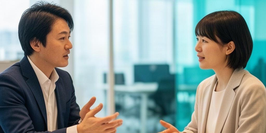 有明の打ち合わせスペースで業務課題と導入相談を落ち着いて話す二人