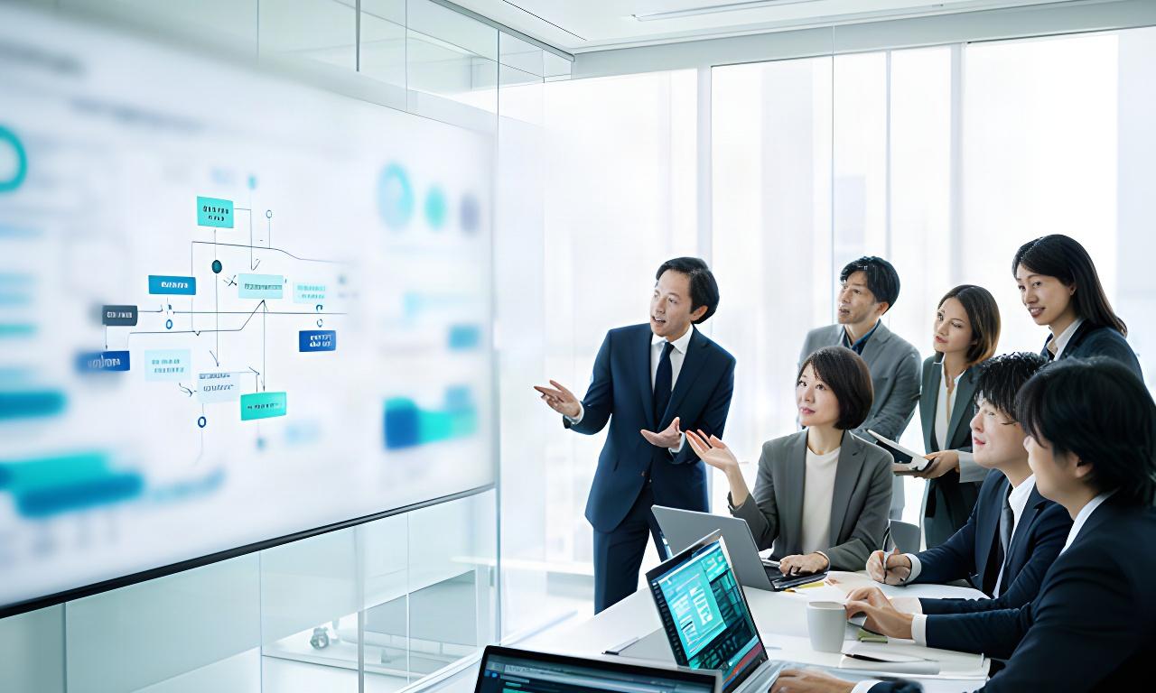 有明の明るい会議室で業務フロー図とデータ画面を見ながら導入計画を話し合う担当者