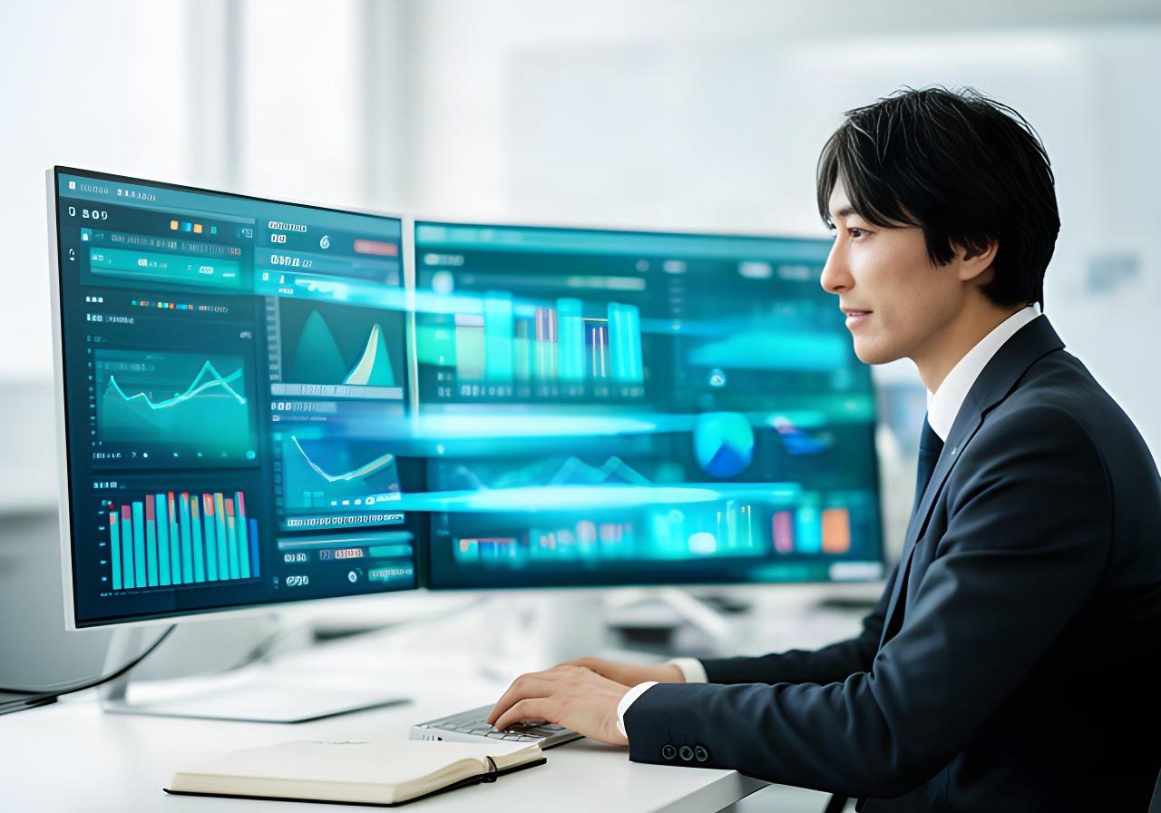 業務画面を確認しながらデータ分析を行う担当者と、画面上に並ぶ業務指標