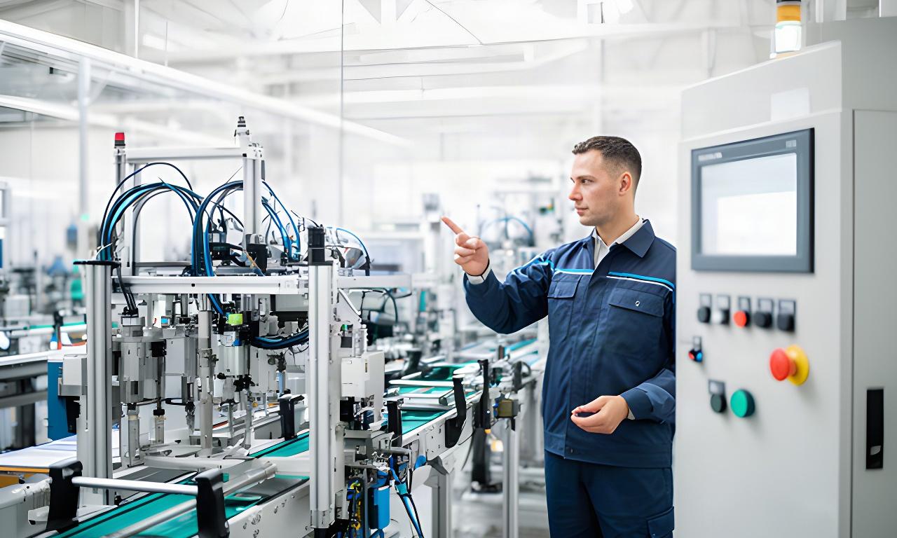 生産ラインの設備と制御盤を確認する工場担当者、明るく整った製造現場