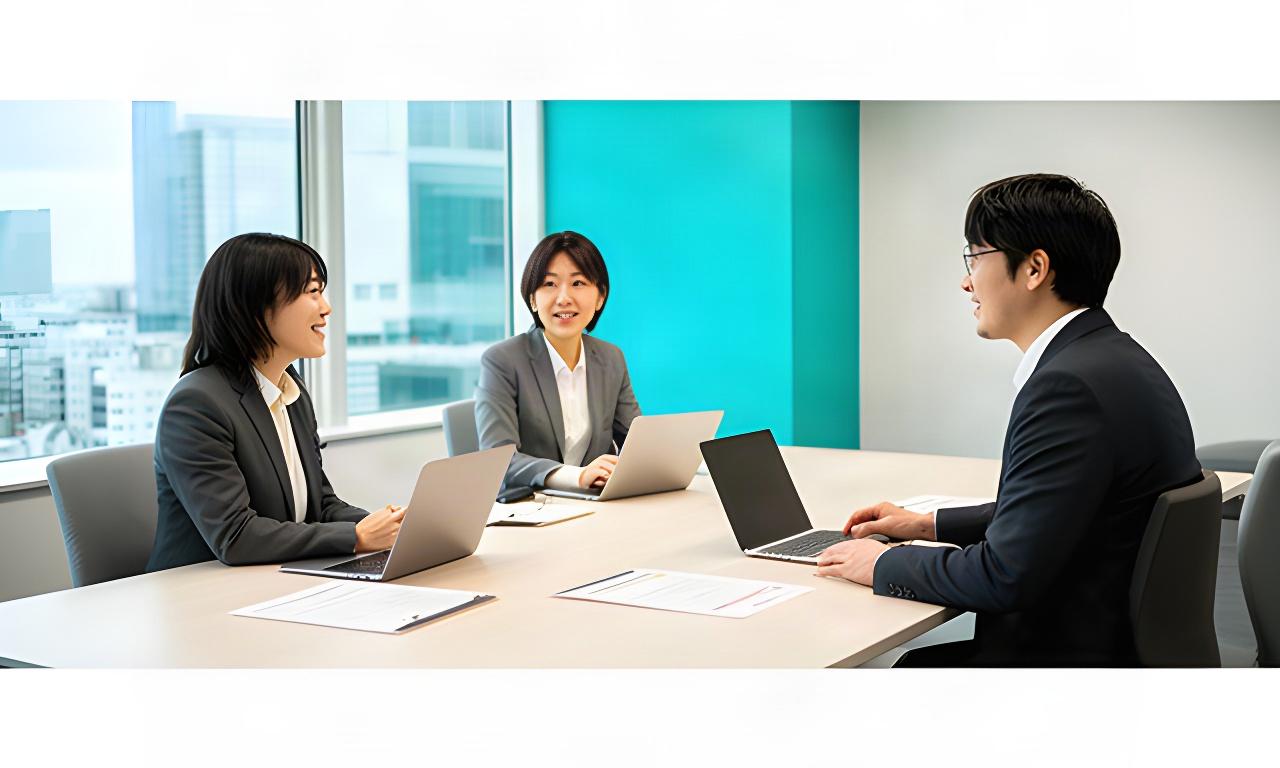 有明の相談スペースで専門業務の担当者が導入内容を打ち合わせる様子