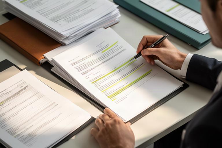 士業の専門家が契約書の条項と証憑書類を机上で照合している様子