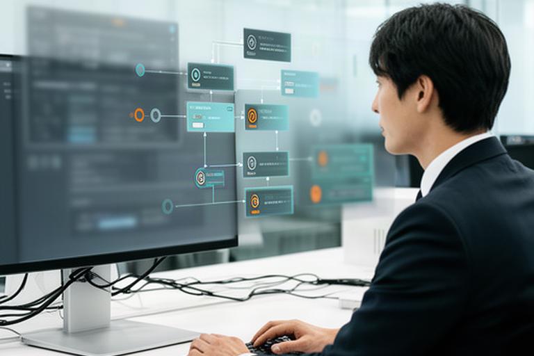 オフィスで担当者が業務アプリの連携画面を確認し、自動処理の流れを点検する様子