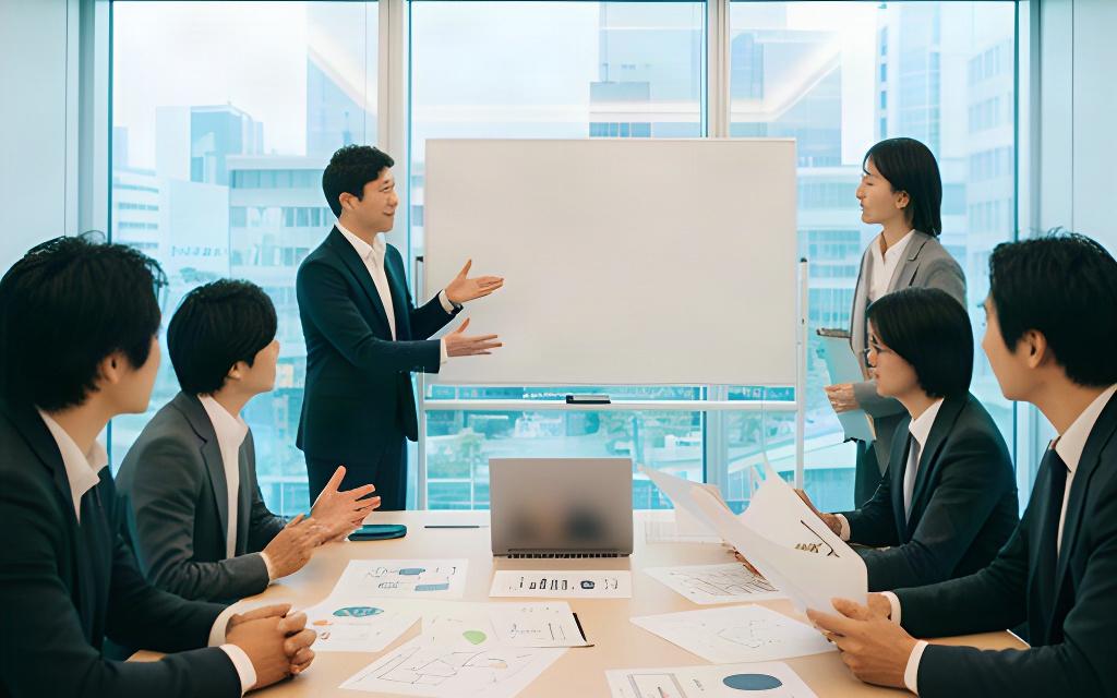 有明の会議室で、業務担当者と技術担当者が運用手順と効果測定の項目を確認している場面